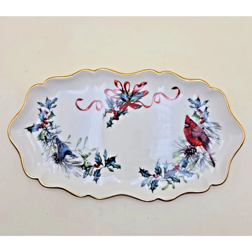 Lenox Winter Greetings Cardinal Nuthatch Ivory China Serving Tray 10